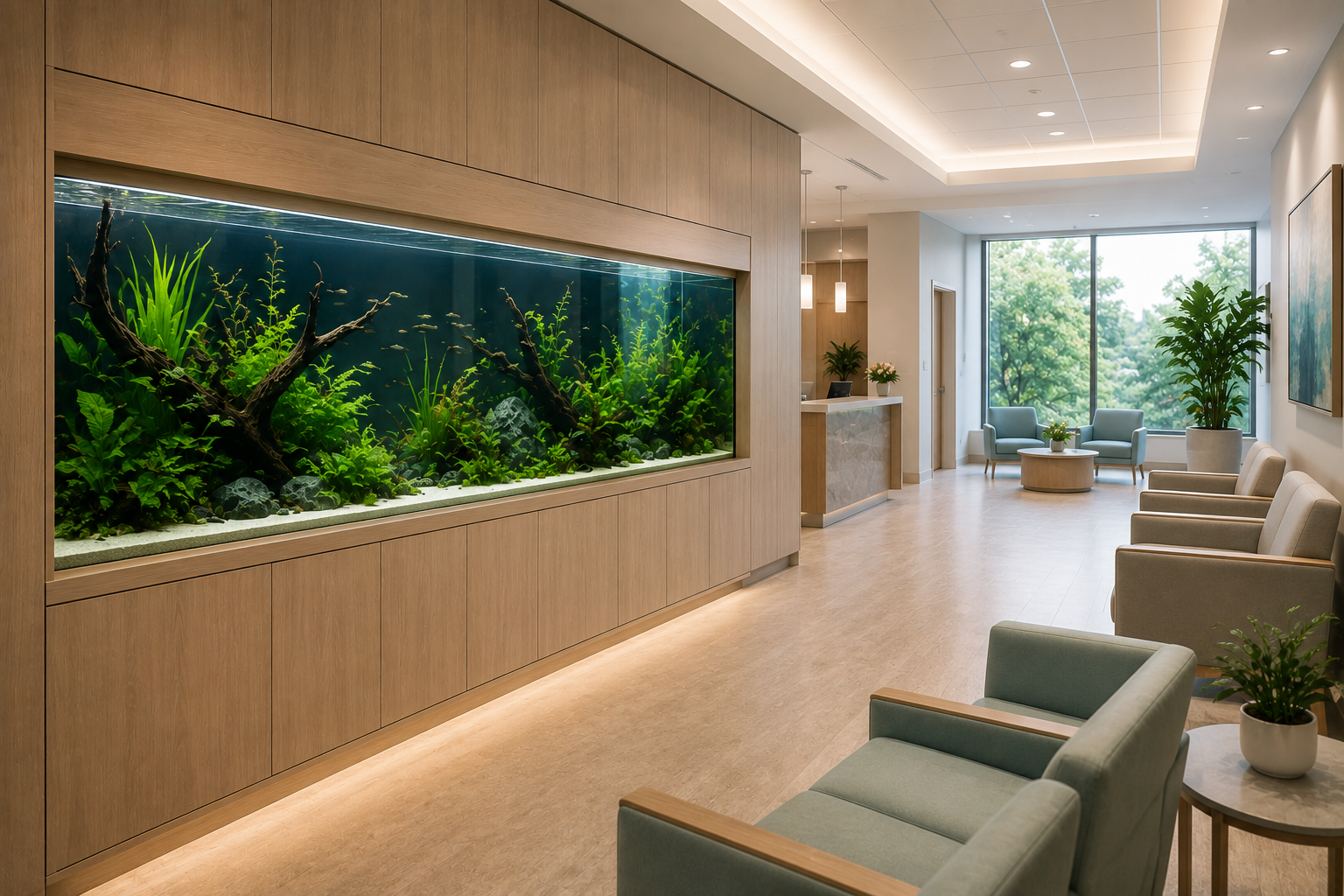 A serene planted aquarium in a bright medical waiting room