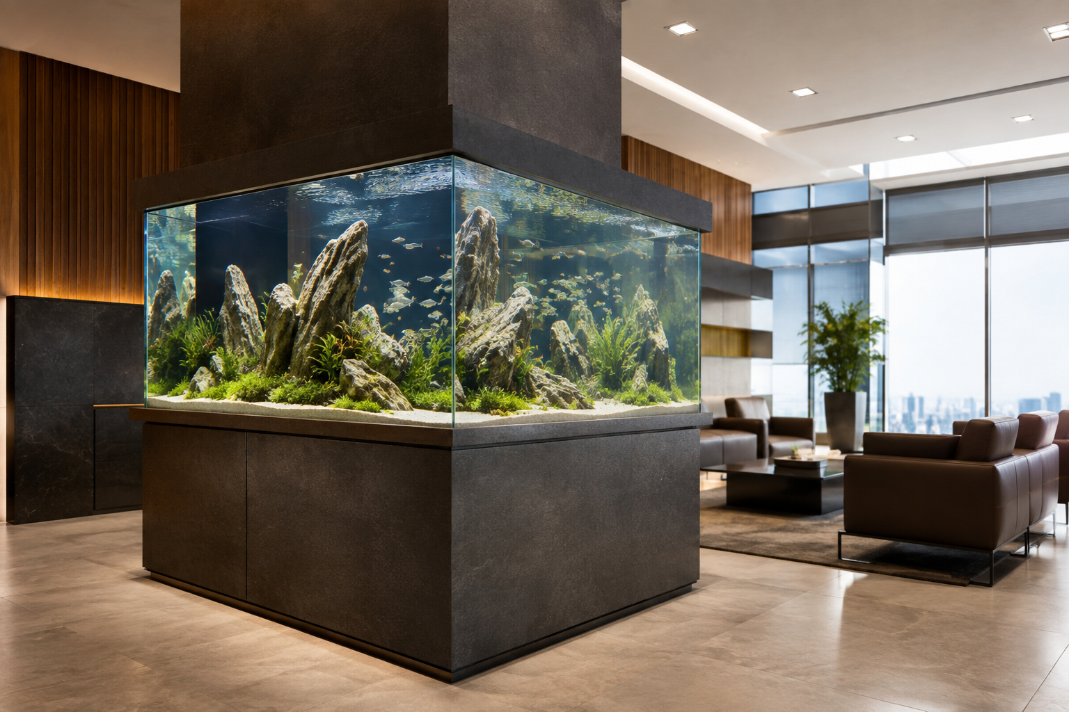 A freestanding peninsula aquarium in a contemporary executive lounge